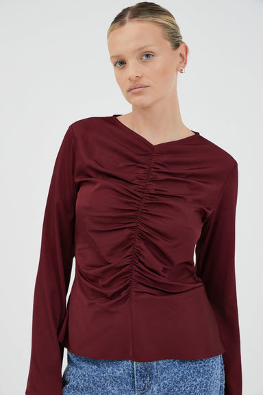 ALLURE GATHERED LONG SLEEVE TOP | CABERNET - THIRD FORM