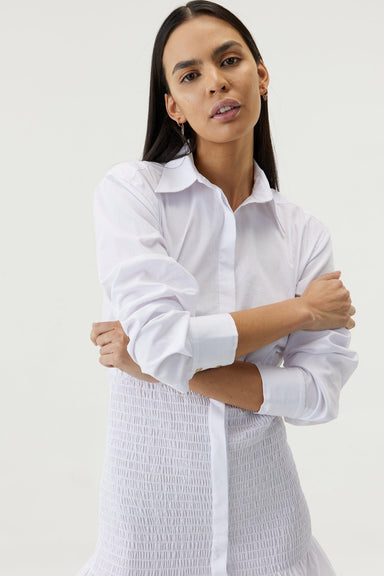 THIRD FORM BLUR OUT SHIRRED SHIRT DRESS | WHITE
