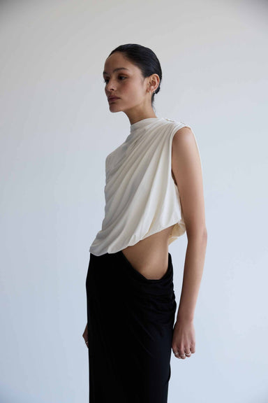 CASCADE CUTOUT JERSEY DRESS | CREAM/BLACK - THIRD FORM