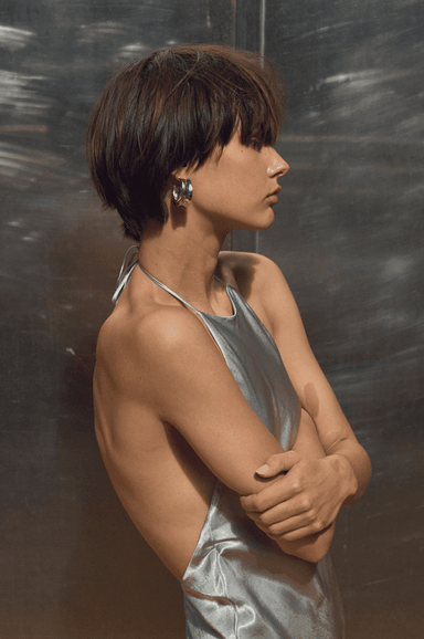 THIRD FORM CRUSH BIAS HALTER DRESS | SILVER