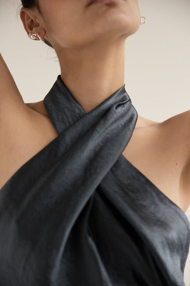 CRUSH WRAP NECK FLOOR LENGTH | GUNMETAL - THIRD FORM