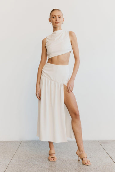 THIRD FORM MARBLE GATHERED SIDE MIDI SKIRT | OFF WHITE