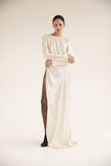 REVERY HIGH SPLIT LONG SLEEVE DRESS | CREAM - THIRD FORM