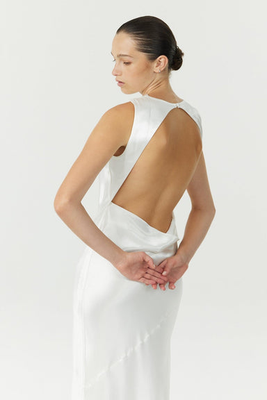 SATIN BIAS COWL BACK MAXI | POWDER WHITE - THIRD FORM
