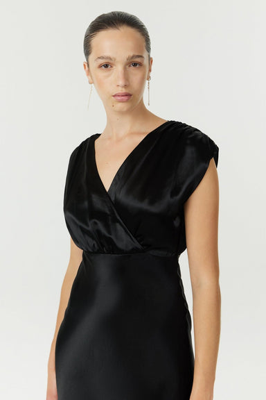 SATIN CROSS OVER GATHER DRESS | BLACK - THIRD FORM