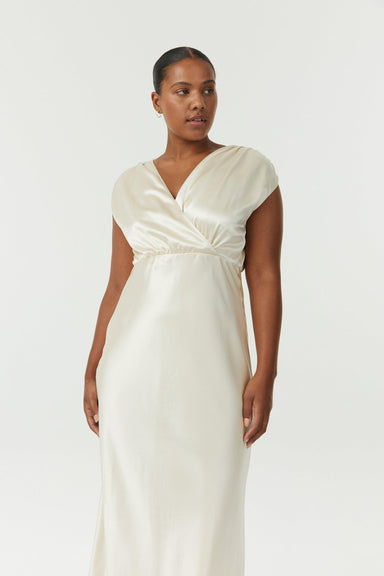 SATIN CROSS OVER GATHER DRESS | BUTTERCREAM - THIRD FORM