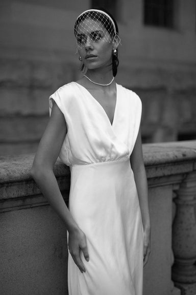THIRD FORM SATIN CROSS OVER GATHER DRESS | POWDER WHITE