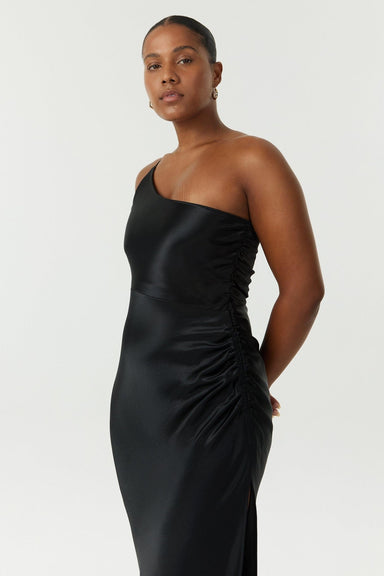 SATIN GATHER ONE SHOULDER DRESS | BLACK - THIRD FORM