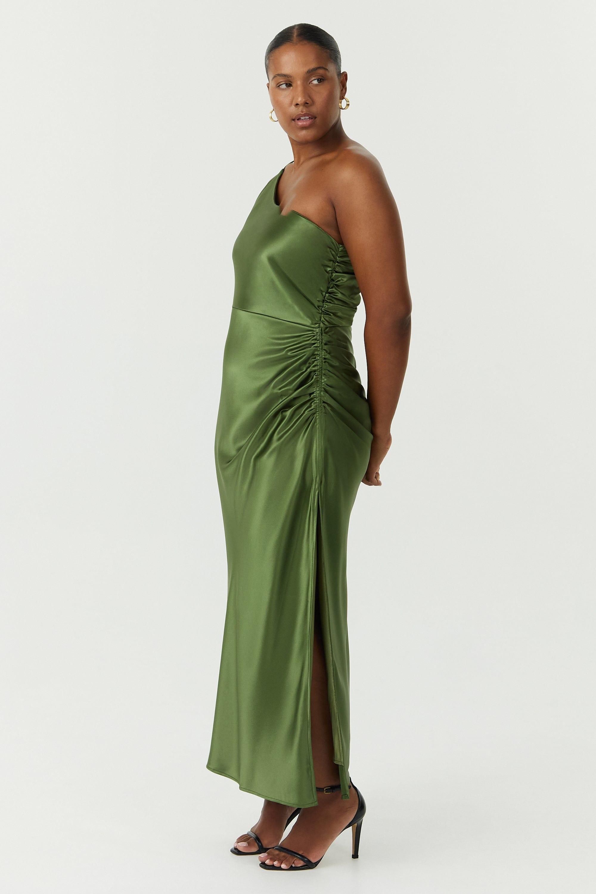 SATIN GATHER ONE SHOULDER DRESS OLIVE — THIRD FORM