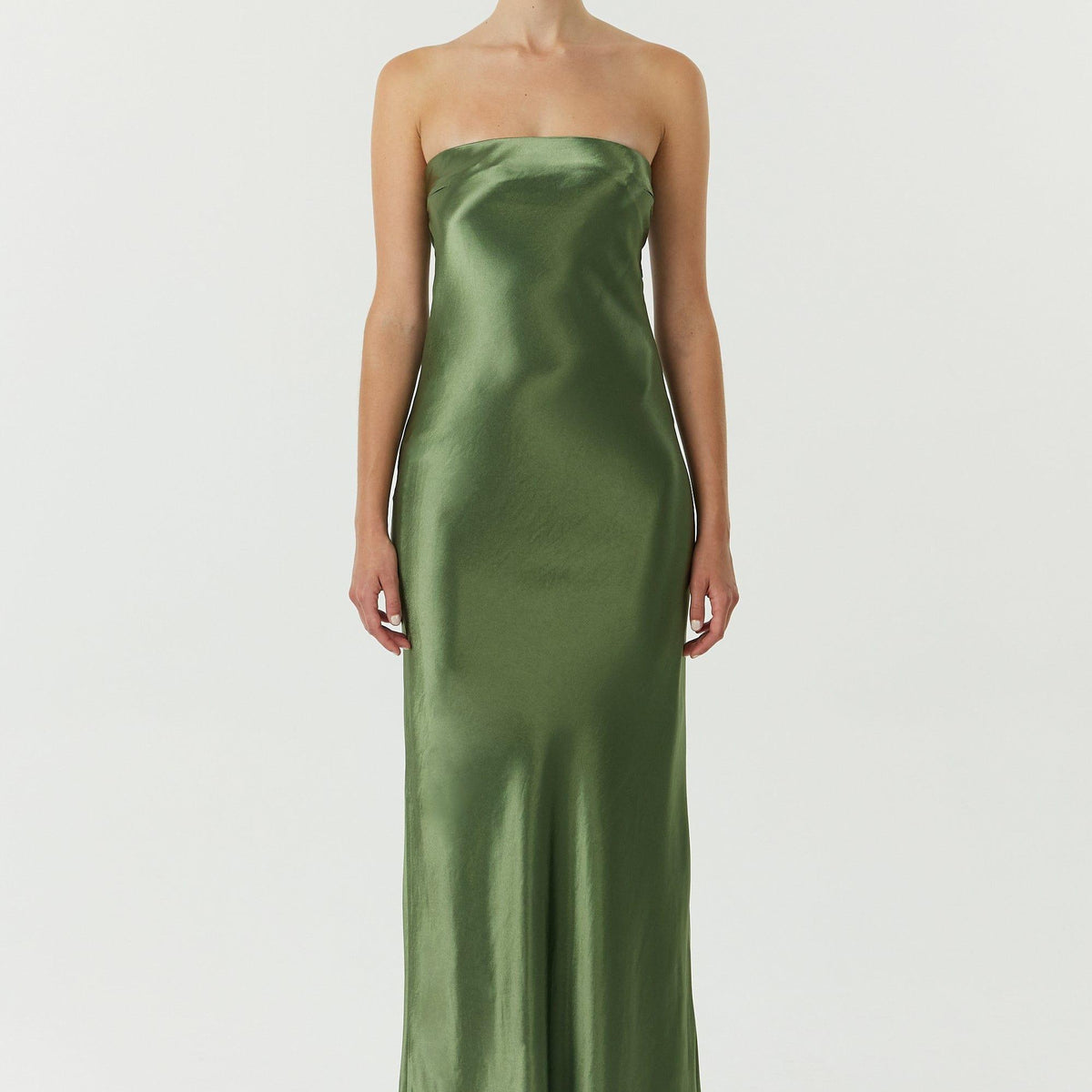 SATIN TIE BACK STRAPLESS MAXI | OLIVE  THIRD FORM