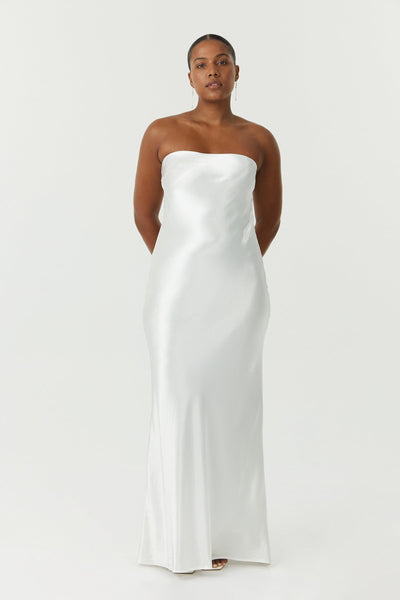 SATIN TIE BACK STRAPLESS MAXI | POWDER WHITE SATIN TIE BACK STRAPLESS MAXI | POWDER WHITE