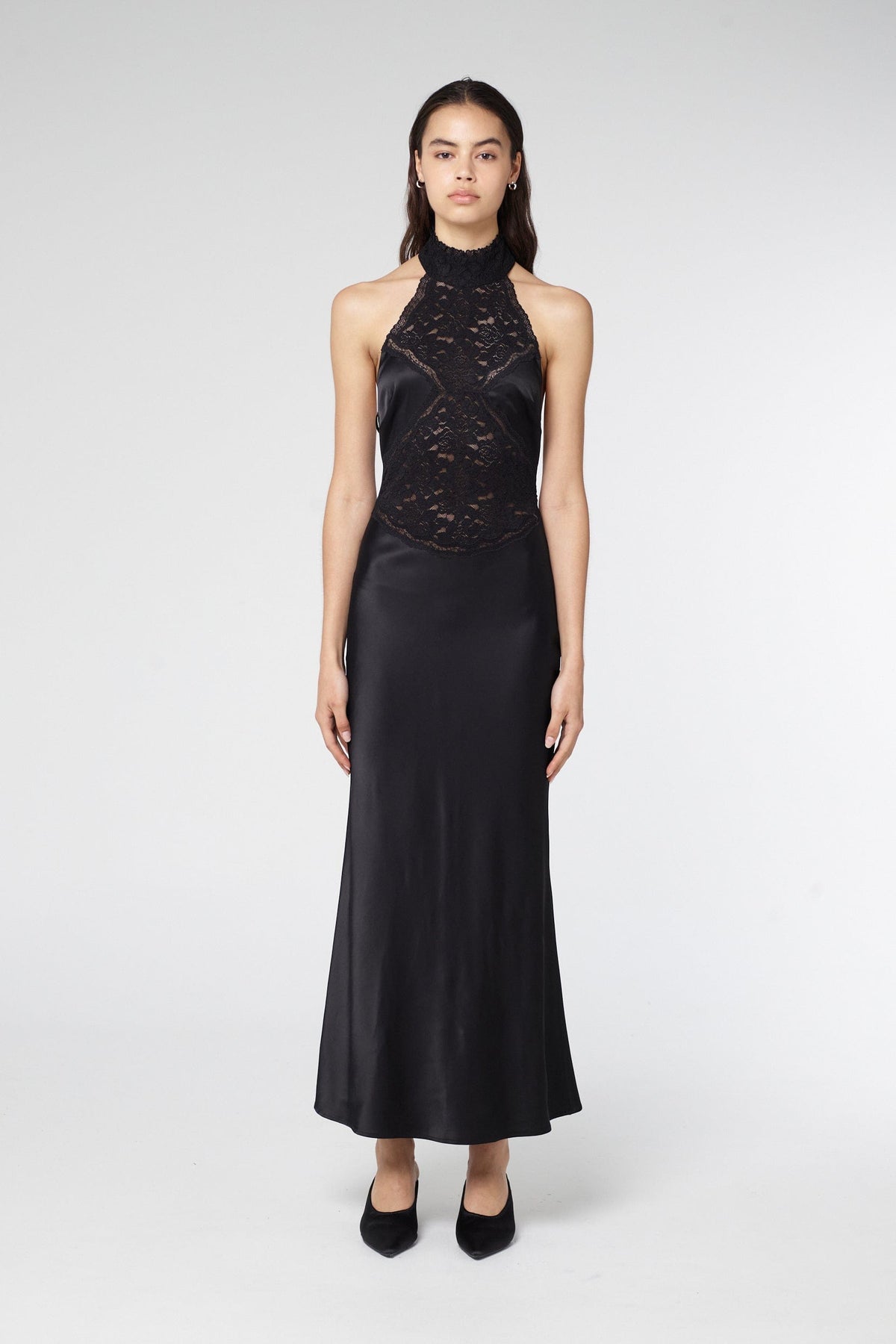 SERENADE LACE HALTER MAXI | BLACK — THIRD FORM