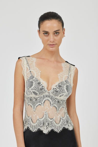 THIRD FORM VISIONS LACE DEEP V MAXI DRESS | BUTTERCREAM & BLACK