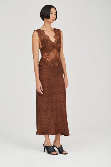 VISIONS LACE DEEP V MAXI DRESS | CHOCOLATE POLKA DOT - THIRD FORM