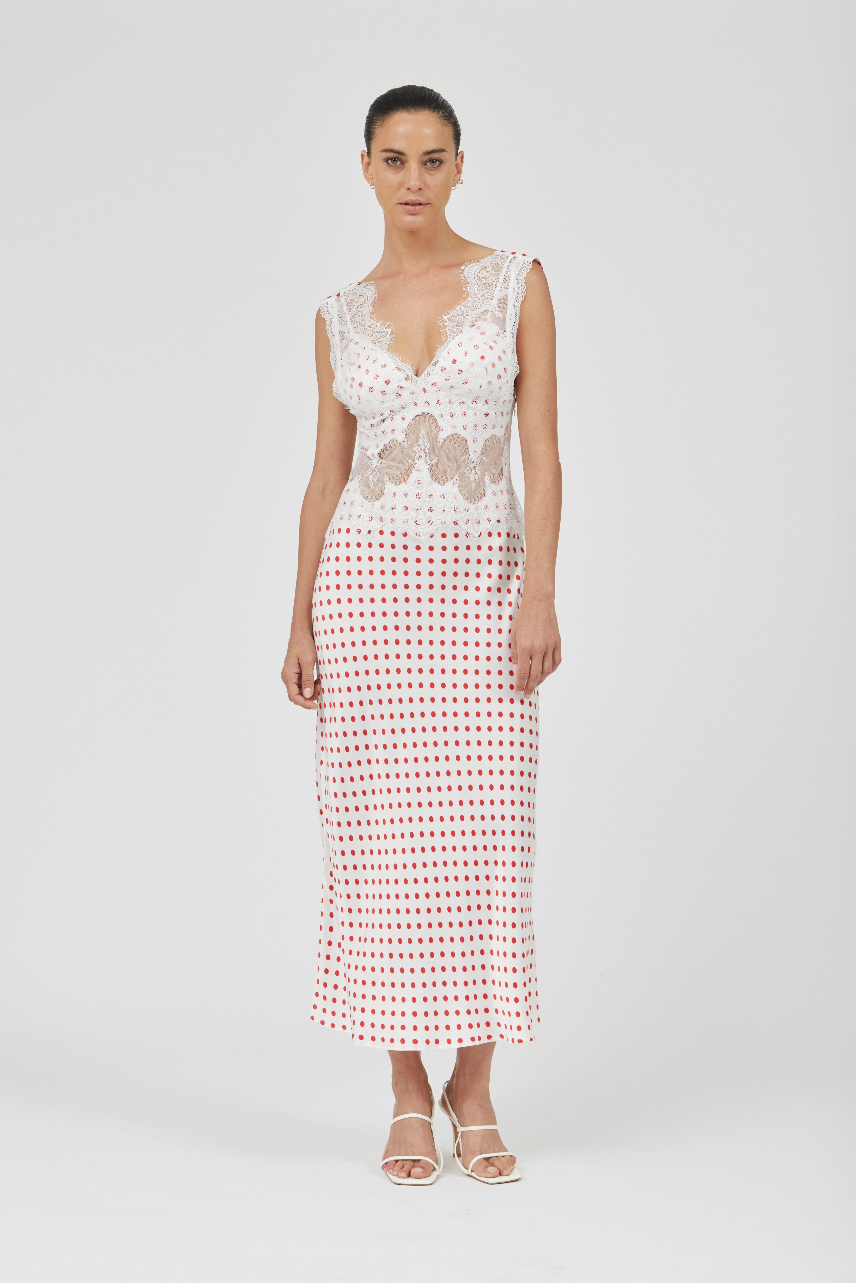 VISIONS LACE DEEP V MAXI DRESS | RED POLKA DOT | THIRD FORM VISIONS LACE DEEP V MAXI DRESS | RED POLKA DOT | THIRD FORM