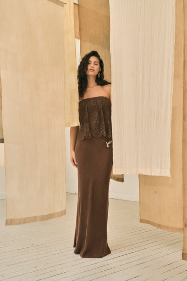 THIRD FORM VISIONS LACE STRAPLESS MAXI DRESS | CHOCOLATE