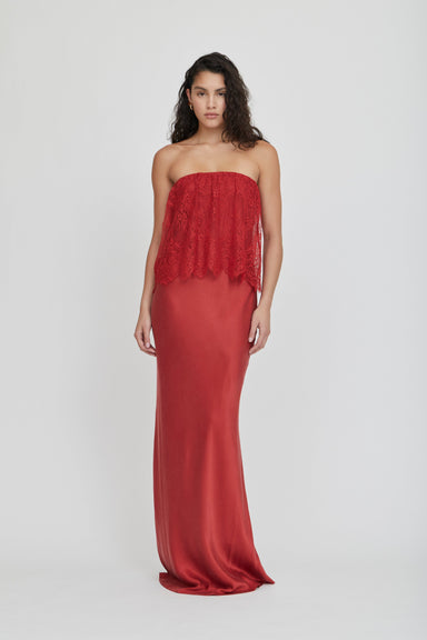 THIRD FORM ILLUSION LACE STRAPLESS MAXI DRESS | CRIMSON