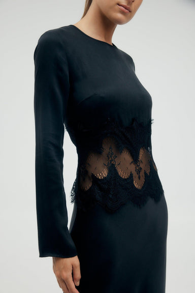 VISIONS LACE TRIM LS MAXI DRESS | EBONY - THIRD FORM
