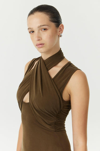 THIRD FORM WISTERIA WRAP NECK TANK DRESS | CHOCOLATE